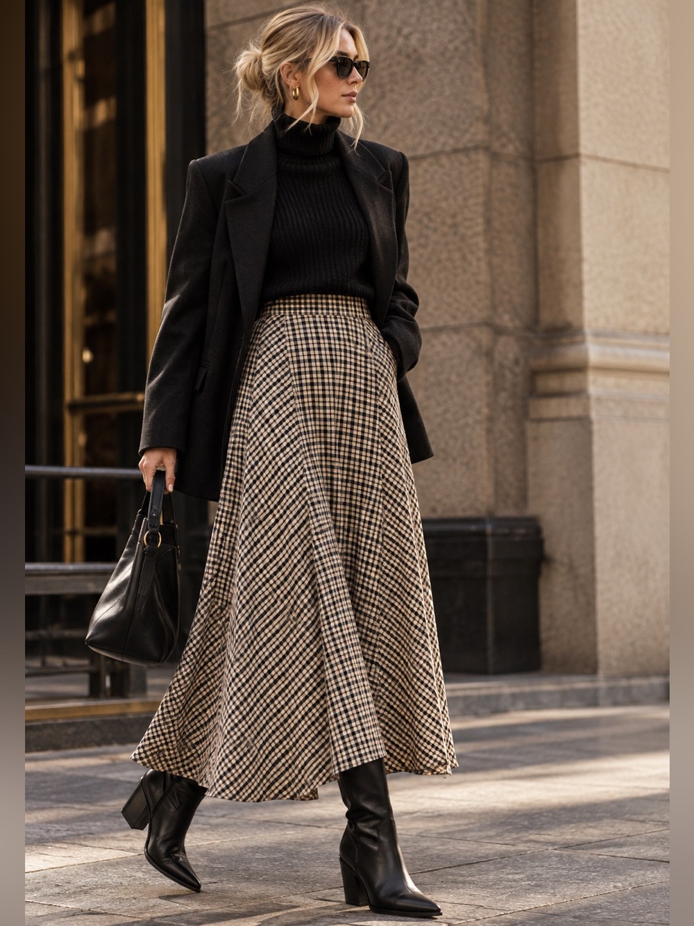 Zara Plaid A-Line Circle Midi Skirt Black Ecru Size L NWT